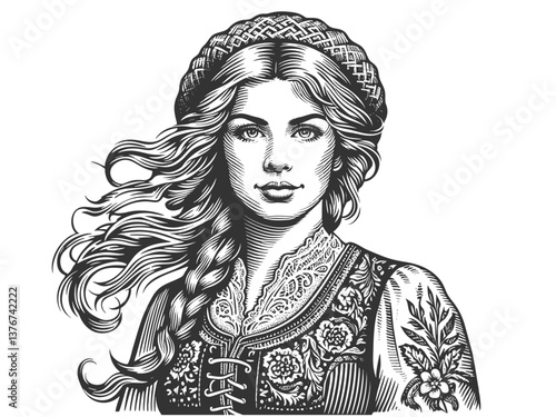 Lithuanian woman wearing traditional embroidered clothing with flowing hair and floral patterns sketch engraving generative ai vector illustration. Scratch board imitation. Black and white image.