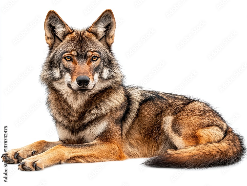 Obraz premium The gray wolf lies isolated on a snowy surface with a white backdrop