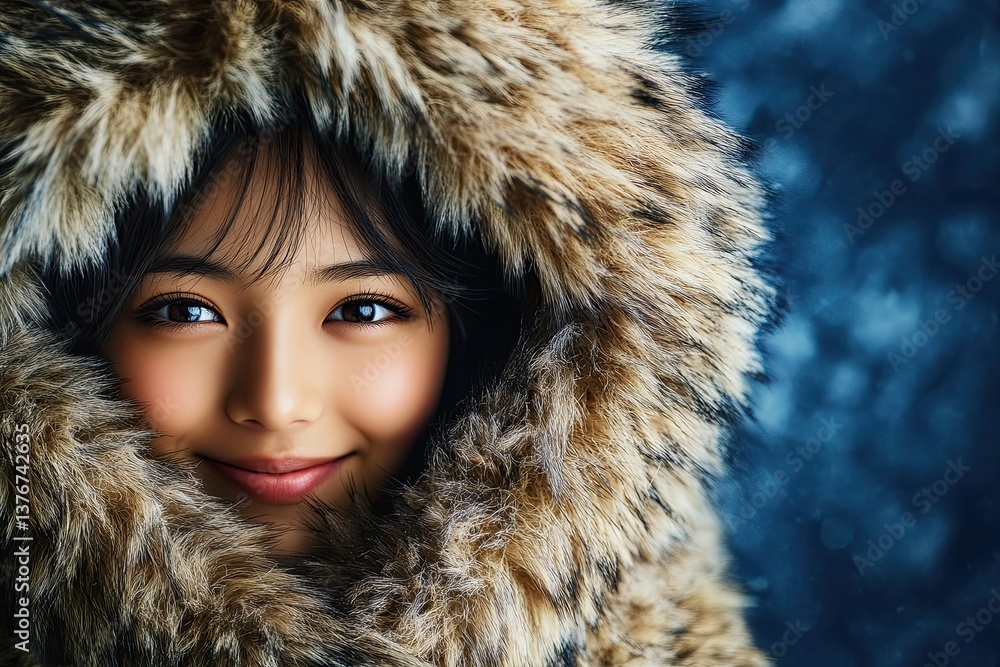An Inuit woman with a gentle smile and two pigtails, dressed in a fur hat, knitted sweater, and coat, poses against a blue background in her warm winter clothes An Inuit woman with a gentle smile and two pigtails, dressed in a fur hat, knitted sweater, and coat, poses against a blue background in her warm winter clothes