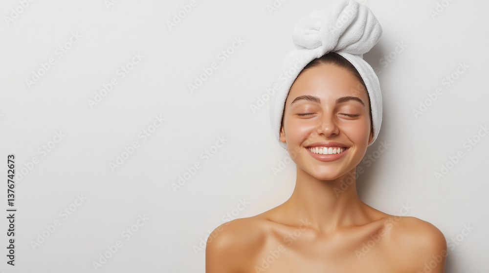 Smiling woman relaxing after a facial treatment with a towel on her head in a bright, serene setting Smiling woman relaxing after a facial treatment with a towel on her head in a bright, serene setting