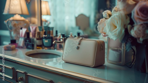 A photo of a fashionable clutch on a vanity table