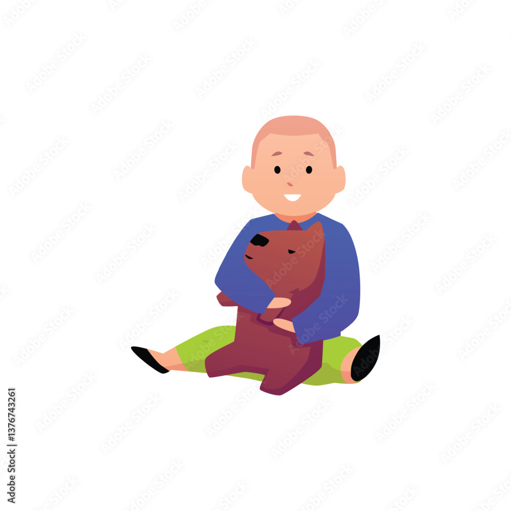 Cute happy baby boy sitting and hugging the dog toy, vector cartoon first year of child, funny infant, cheerful toddler Cute happy baby boy sitting and hugging the dog toy, vector cartoon first year of child, funny infant, cheerful toddler