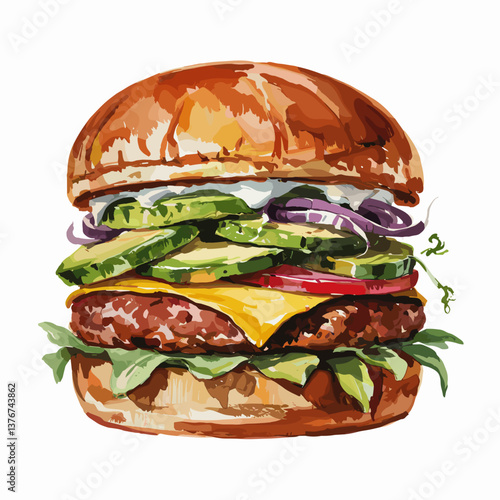Watercolor Avocado Cheeseburger with Fresh Greens and Pickles