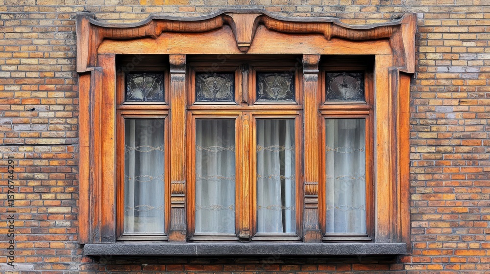 Fototapeta premium Ornate wooden window with stained glass panes set in a brick wall.