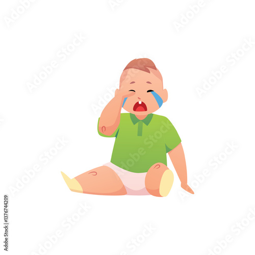 Cute baby sitting and crying, vector first year child shows negative emotion, expression of sadness, capricious toddler