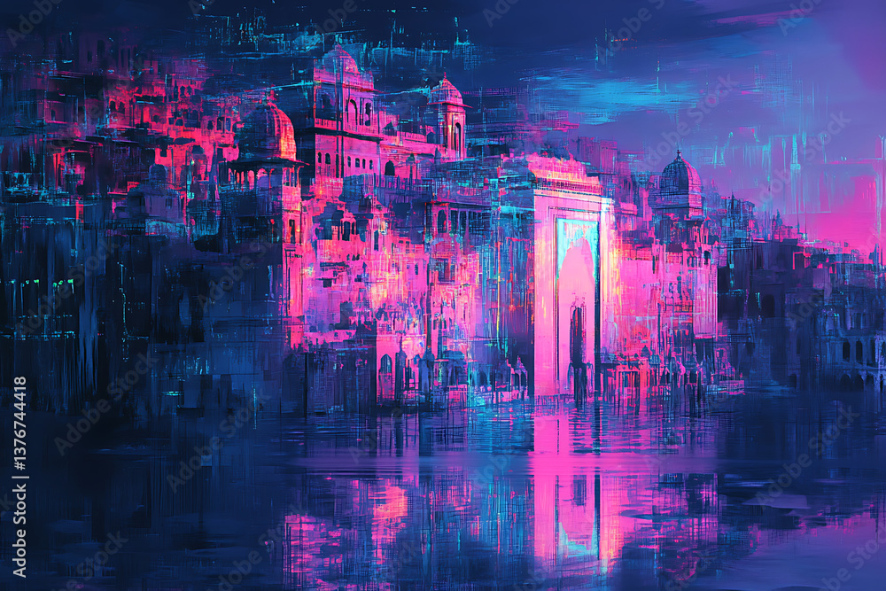 Fototapeta premium Neon Ruins A Glitch Art Vision of Ancient India