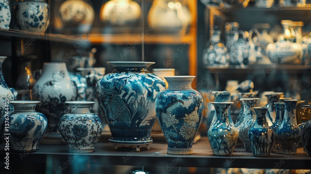Obraz premium Traditional ceramic pottery displayed on wooden shelves