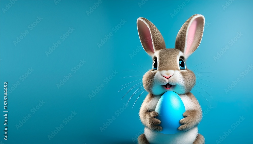 Obraz premium cute cartoon easter bunny holding a blue egg on blue background