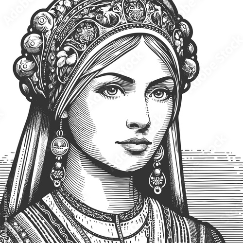 Russian woman in detailed folk costume and headscarve, Slavic heritage and cultural beauty in vintage style sketch engraving generative ai vector illustration. Scratch board. Black and white.