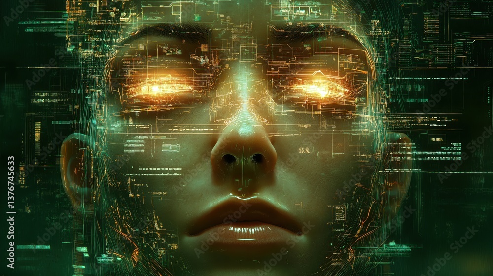 Prompt Engineer Concept. Digital face with circuit patterns and glowing eyes, symbolizing technology. Prompt Engineer Concept. Digital face with circuit patterns and glowing eyes, symbolizing technology.