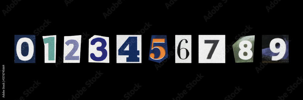 Fototapeta premium Set of cut-out ransom numbers from magazines on a black background, retro y2k style