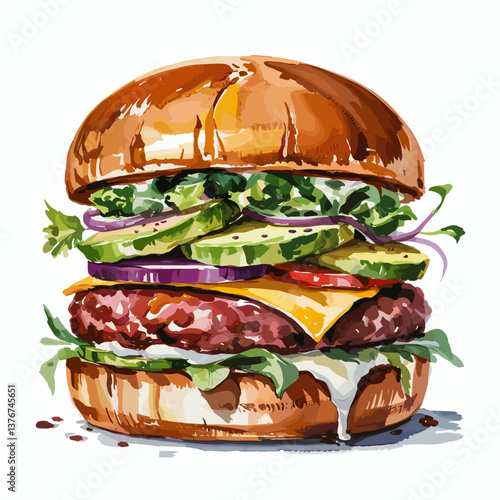 Watercolor Avocado Cheeseburger with Fresh Greens and Pickles