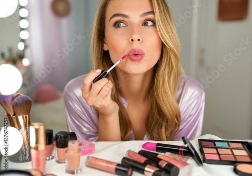 Woman applying lip gloss while surrounded by various makeup products