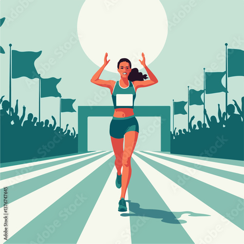 Female athlete celebrating victory at the finish line, achievement