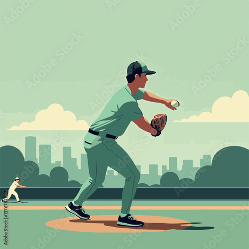 Baseball player preparing to bowl slow ball on field, sports action