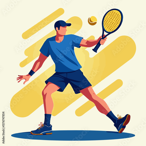Dynamic tennis player hitting forehand in bold colors, sports energy