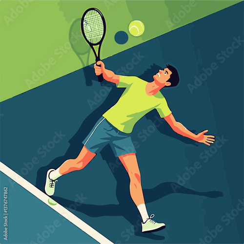 Dynamic tennis player serving ball on court, athletic energy