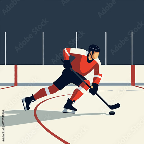 Dynamic hockey player skating with puck on ice rink, athleticism