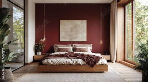 Wallpaper Mural minimalist bedroom design, in contemporary bedroom, a bold burgundy accent wall contrasts with calming neutrals and natural light from a spacious window Torontodigital.ca