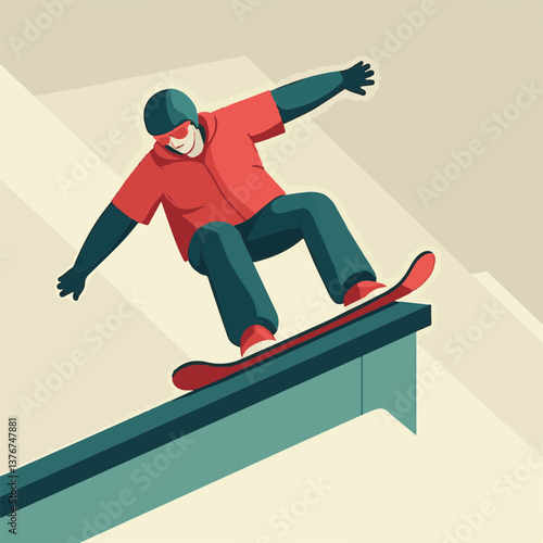 Dynamic snowboarder performing tail press trick on rail, action sport