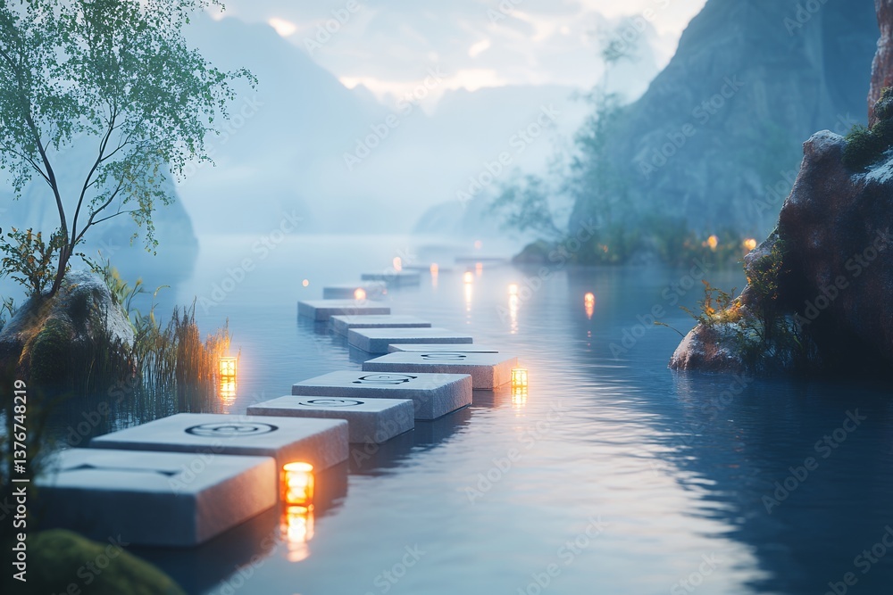 Serene misty lake with stone pathway and lanterns at dawn Serene misty lake with stone pathway and lanterns at dawn