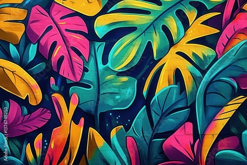 Fototapeta Naklejka Na Ścianę i Meble -  Vibrant tropical graffiti art with neon jungle leaves and bold outlines