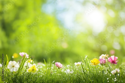 Bright wildflowers growing in fresh green grass under warm spring sunlight, representing renewal, peace, and natural beauty.
