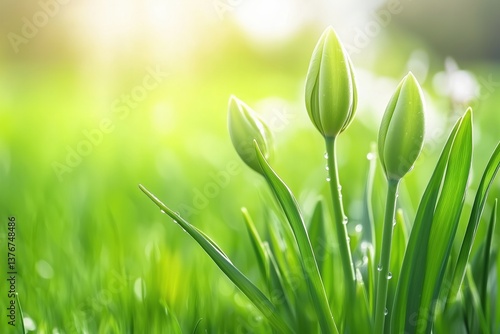 Close-up of tulip buds in vibrant green grass, illuminated by soft morning light, symbolizing new life and springtime.

