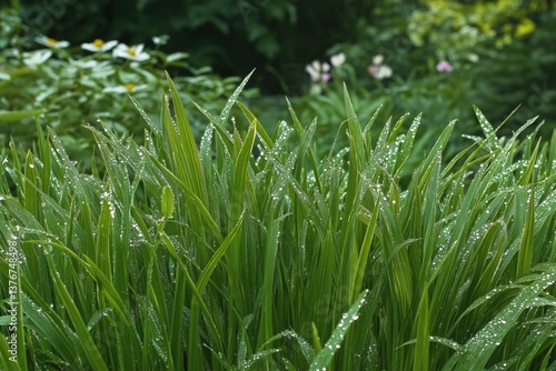 Morning dew on fresh green grass, sparkling in early spring sunlight  