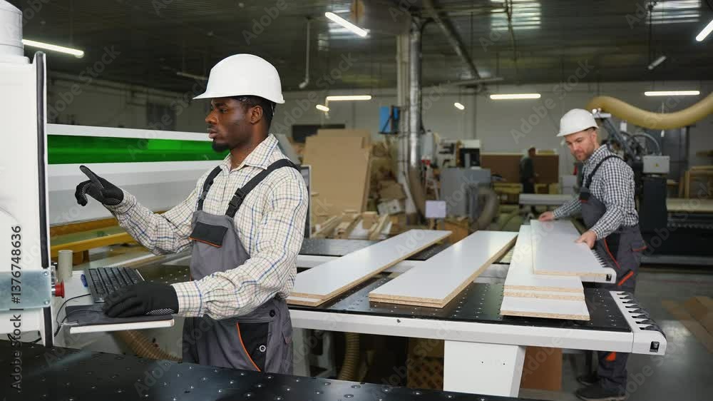 Two Workers Cutting and Stacking Furniture Panels Two Workers Cutting and Stacking Furniture Panels