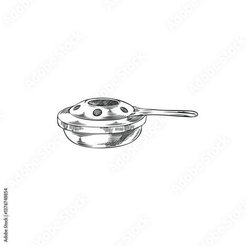 Container with handle for heating fondue bowl hand drawn vector engraved illustration, fondue cooking utensil burner