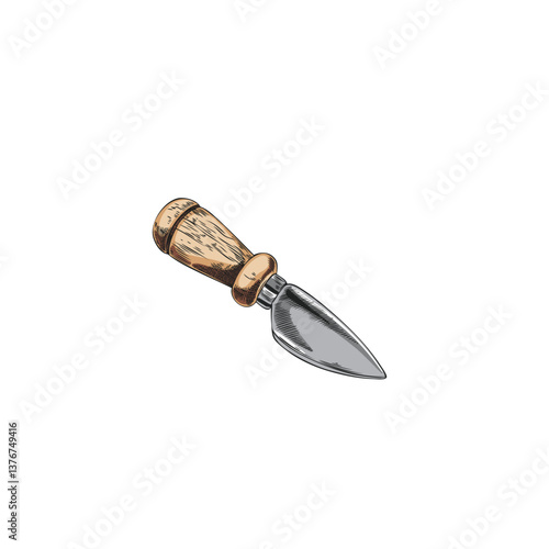 Cheese knife with wooden handle sketch, kitchen knife specialized for the cutting of cheese, hand drawn vector utensil