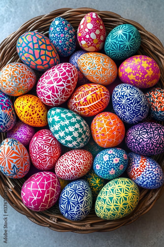 A collection of brightly-colored easter eggs covered in washi paper, each with a different highly-saturated and brightly-colored pattern. A collection of brightly-colored easter eggs covered in washi paper, each with a different highly-saturated and brightly-colored pattern.