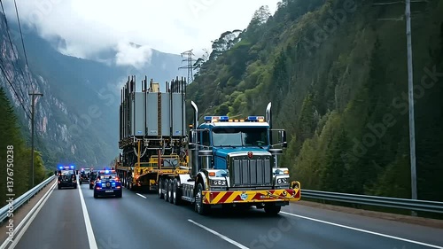 A giant power transformer, mounted on a massive transport truck, slowly making its way through winding mountain roads, escorted by police vehicles ensuring safe passage to the elec