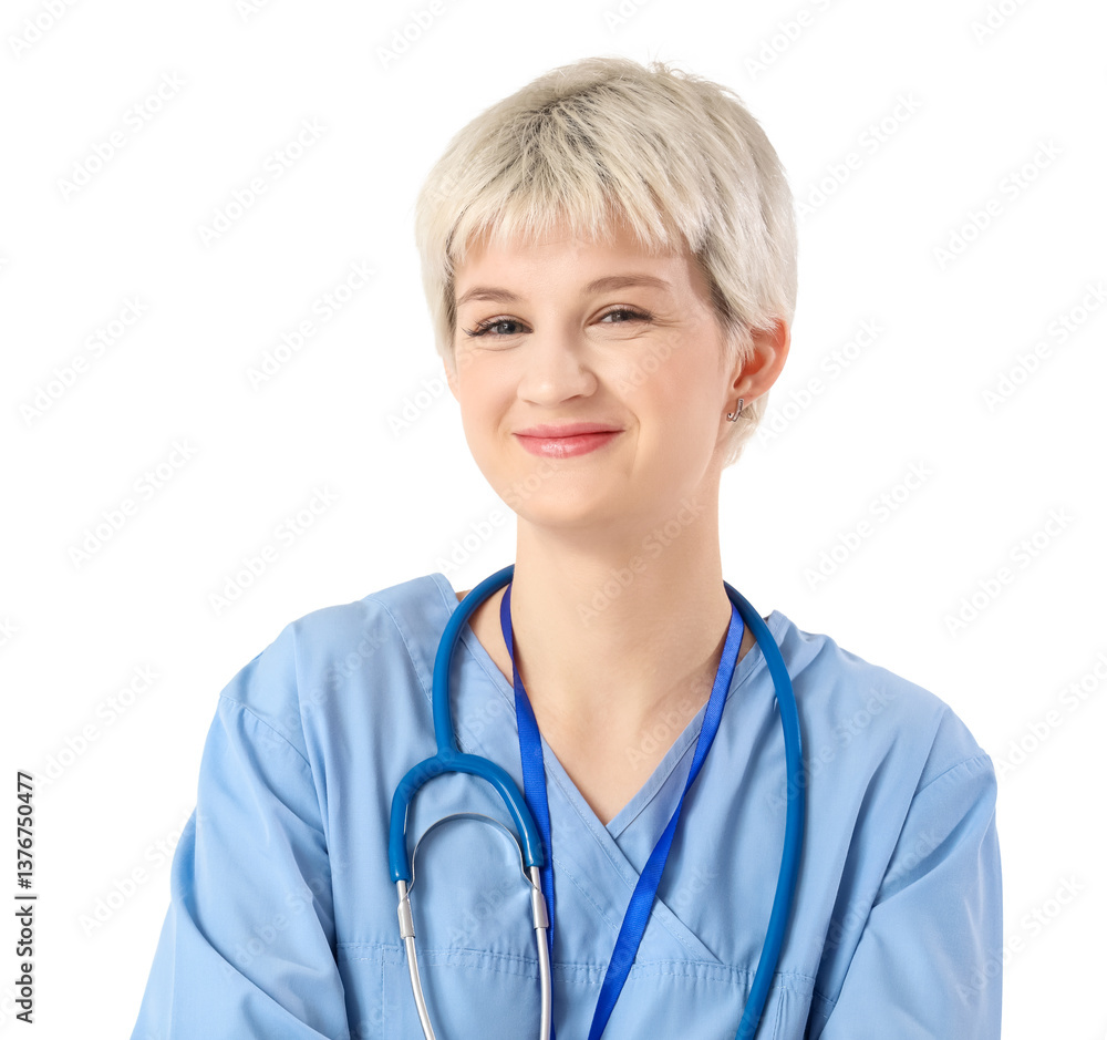 Young female doctor on light background, closeup Young female doctor on light background, closeup
