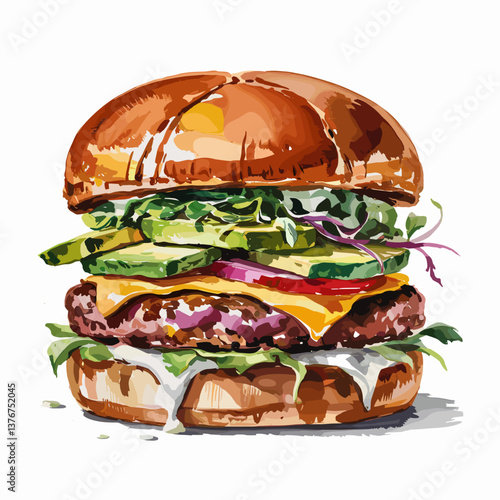 Watercolor Avocado Cheeseburger with Fresh Greens and Pickles