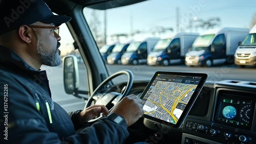 A logistics coordinator inside a truck, reviewing a detailed map on a tablet, recalculating the best route based on new traffic information, while a fleet of trucks is seen parked