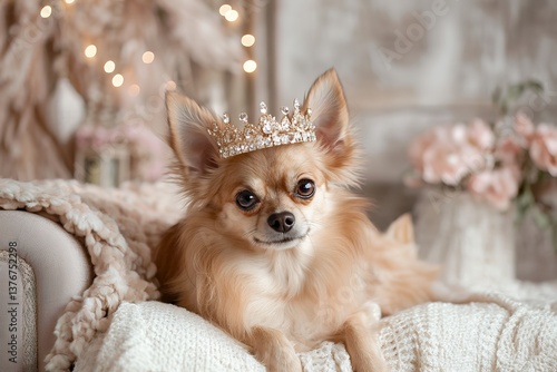 Adorable chihuahua wearing sparkling crown on cozy sofa