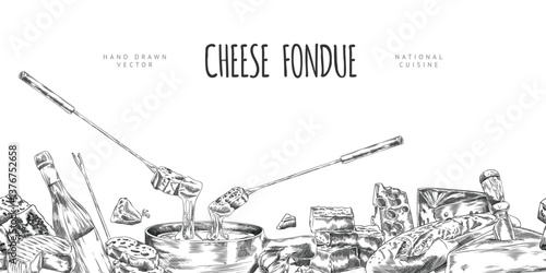 Cheese fondue engraved sketch vector banner, melted cheese with bread slice on fondue skewer and bowl, national cuisine