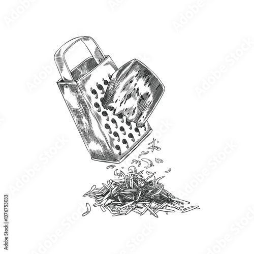 Edam cheese grated by kitchen grater equipment vector sketch, engraved hand drawn healthy snack, cooking ingredient