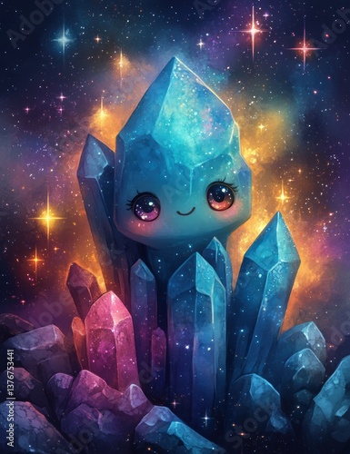 Cosmic Crystal Friend: Cute Gem Character in Starry Sky.