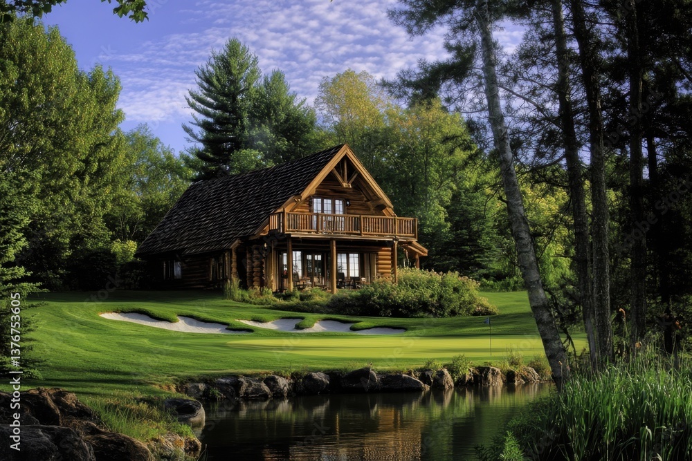 Beautiful log cabin by the lake surrounded by lush greenery and trees Beautiful log cabin by the lake surrounded by lush greenery and trees