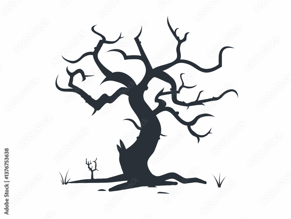 Leafless twisted tree silhouette in black and white Leafless twisted tree silhouette in black and white