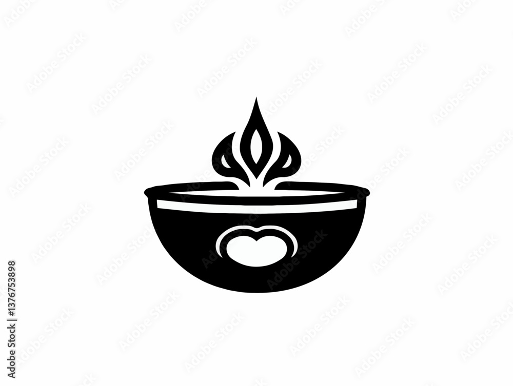 Black diya lamp icon with heart symbol on white background Black diya lamp icon with heart symbol on white background