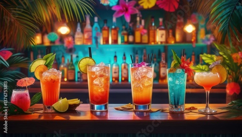 Colorful tropical cocktails served at a vibrant bar during a summer evening gathering