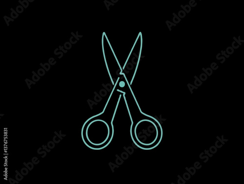 Neon outline scissors icon on black background