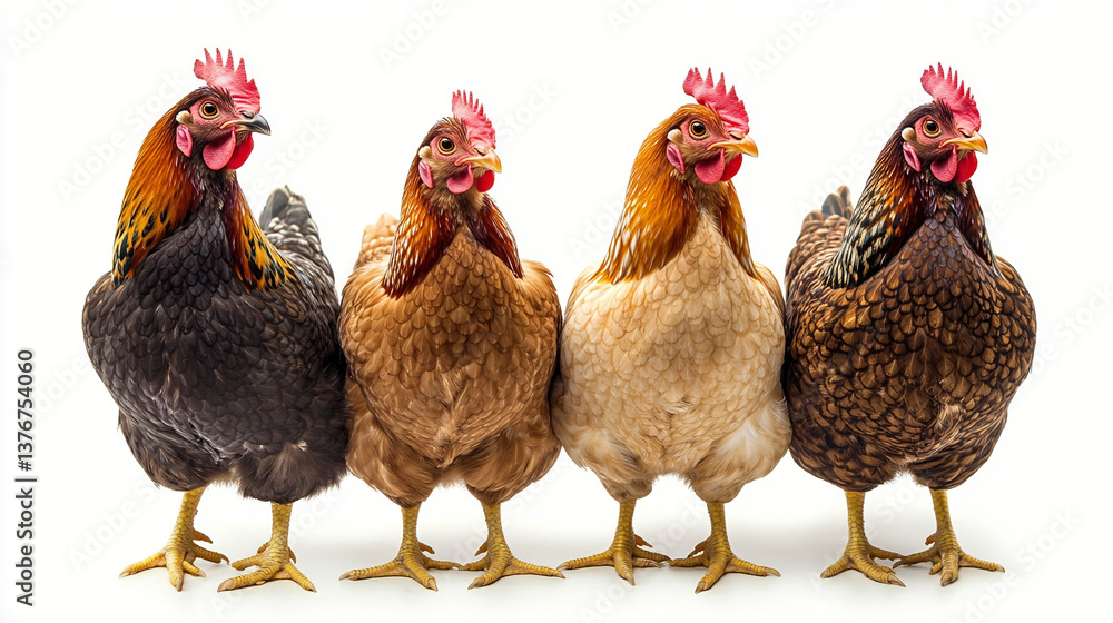 Fototapeta premium four chicken in a row isolated against white background