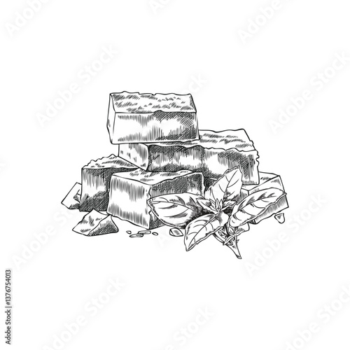 Cheese sketch, parmesan brick pieces with basil leaves, milk food production, hand drawn vector engraved healthy snack