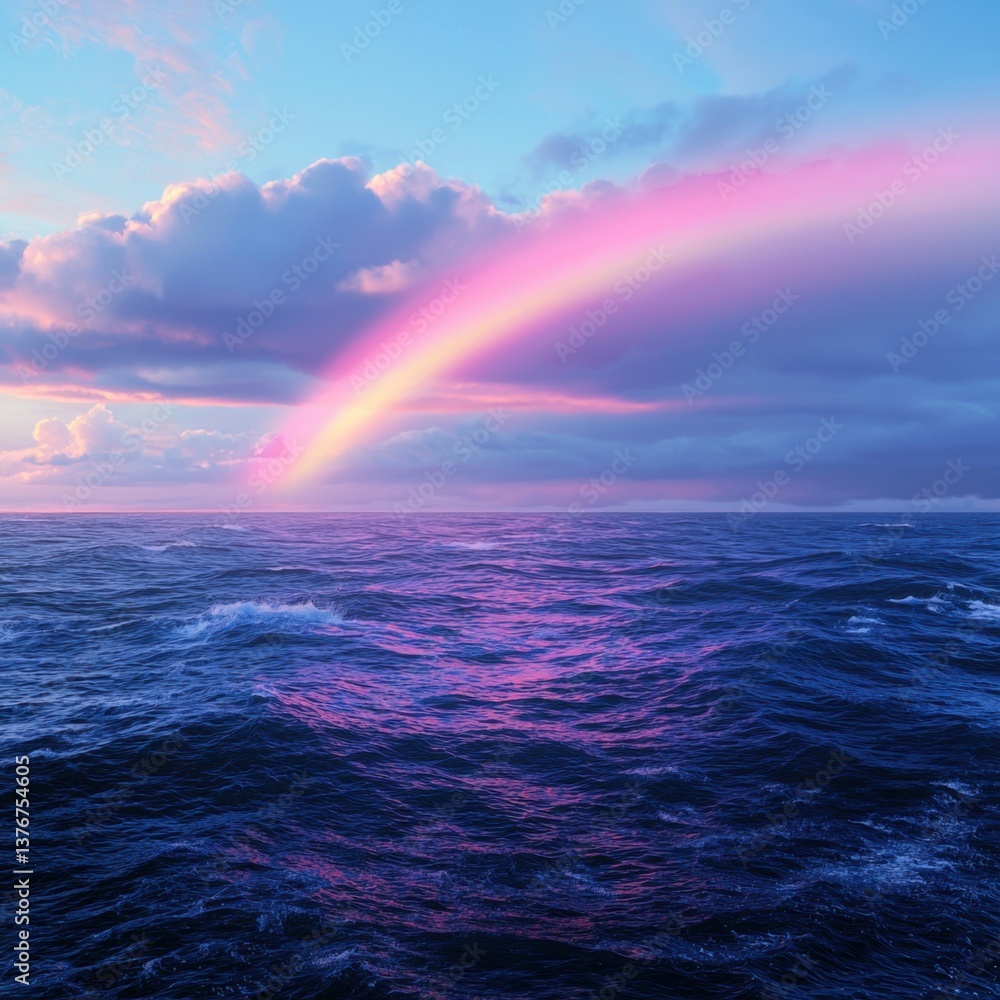 A vibrant rainbow arches over a serene, deep blue ocean under a colorful sky, creating a captivating blend of nature's beauty. A vibrant rainbow arches over a serene, deep blue ocean under a colorful sky, creating a captivating blend of nature's beauty.