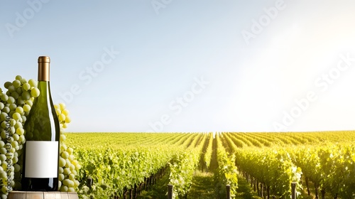 A bottle of wine surrounded by a bunch of fresh grapes capturing the essence of a french vineyard scene